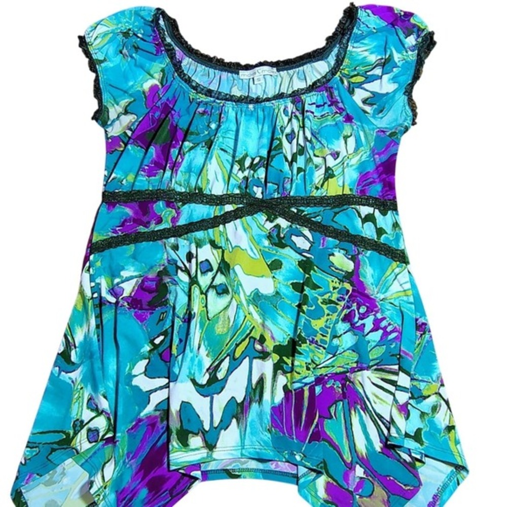 Womens Butterfly Print Tunic Top Short Sleeve Scoop Neck babydoll‎ lace